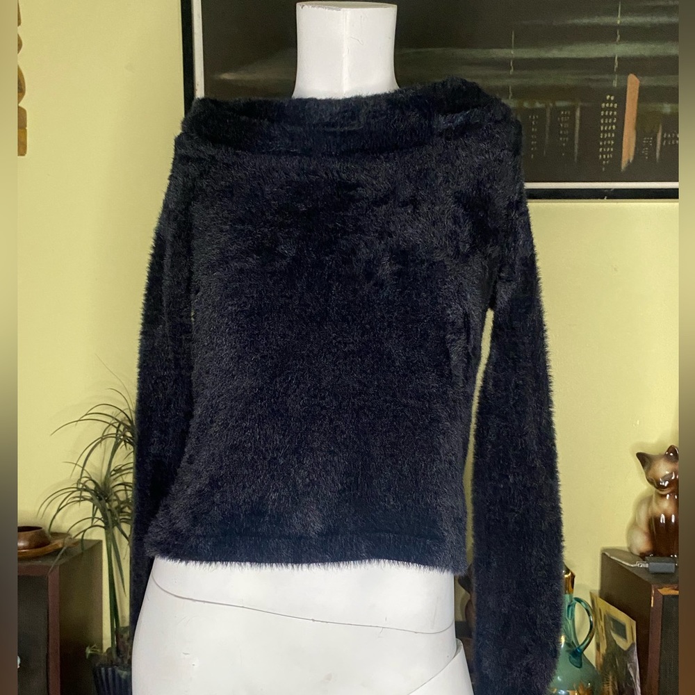 Ladies black fuzzy mock neck cozy sweater faux fur crop off shoulder